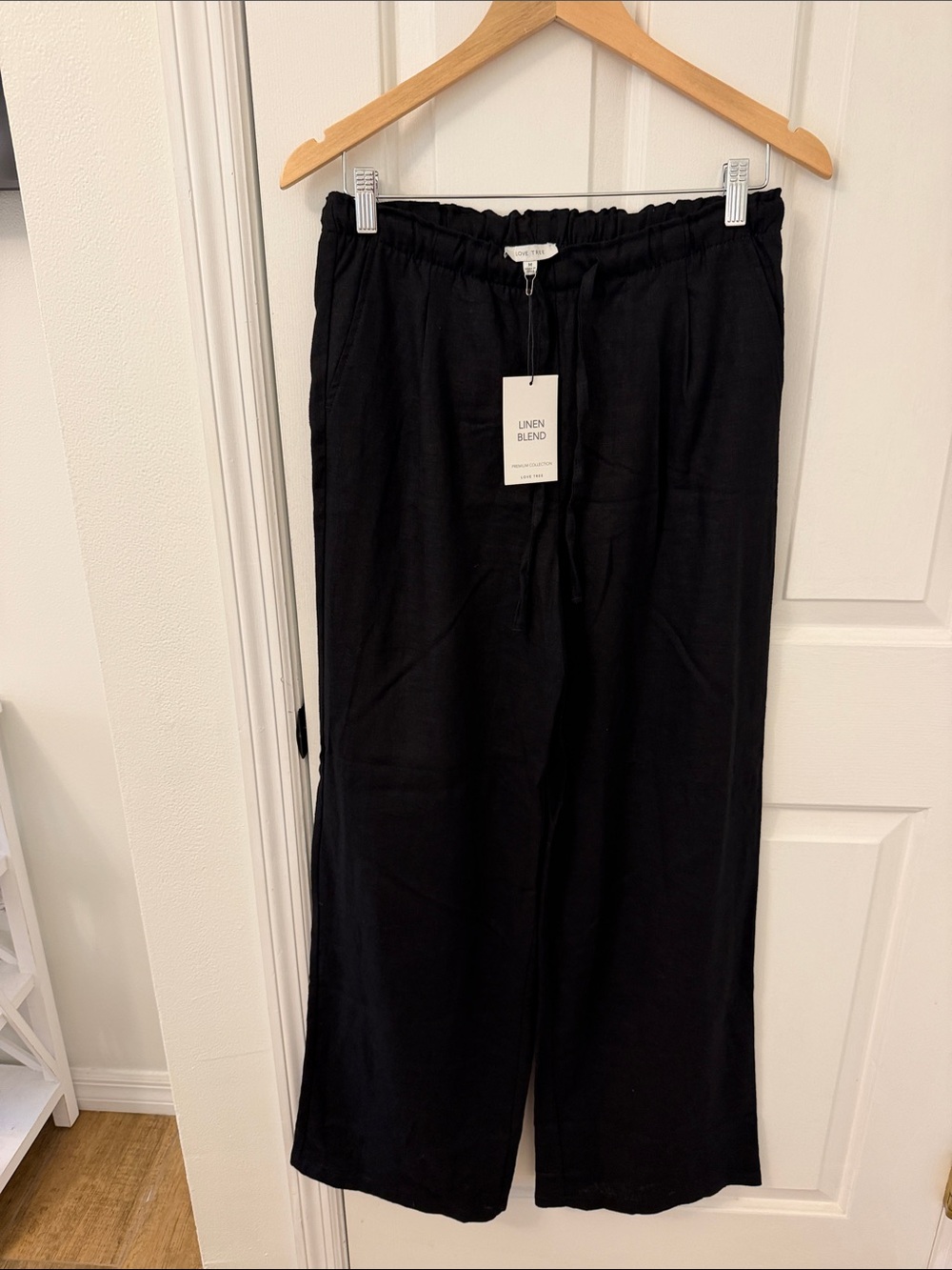Love Tree Black Linen-Blend Drawstring Pants